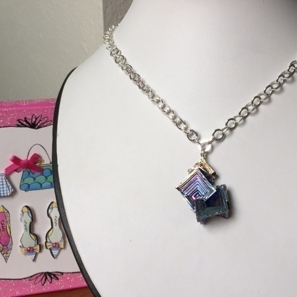 $49 SALE Handmade Iridescent Rainbow Bismuth Pendant Chain Statement Necklace